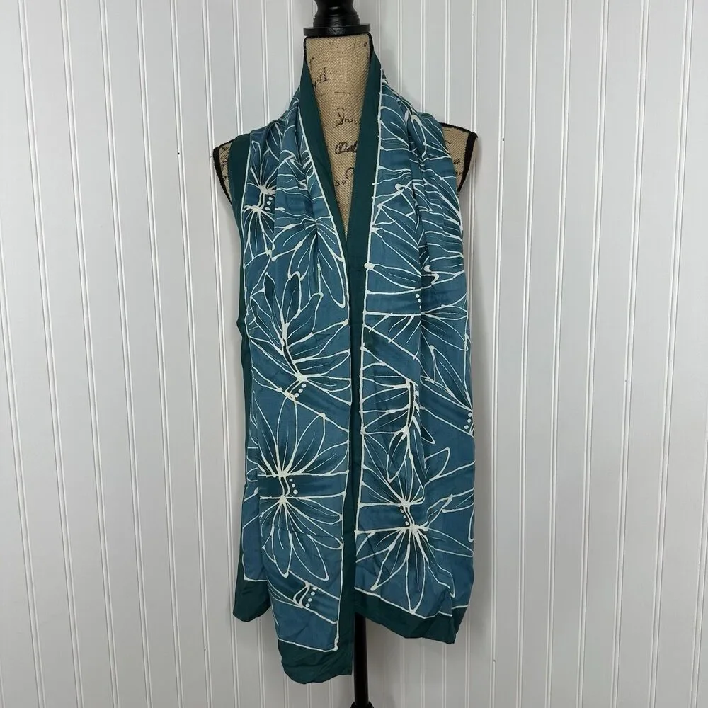 Feedora Hawaii Rectangle Scarf Teal Batik Bamboo Tropical Leaf Print 14